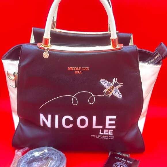 👜 Authentic Nicole Lee USA Bee Embroidered Handbag – B&W & Gold Elegance - Picture 1 of 6